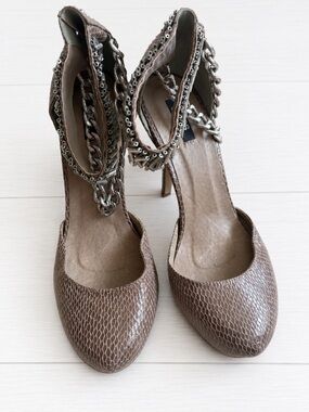 $150 ASOS Taupe Snake-Embossed Leather Platform Pumps Silver Chain Anklet US9